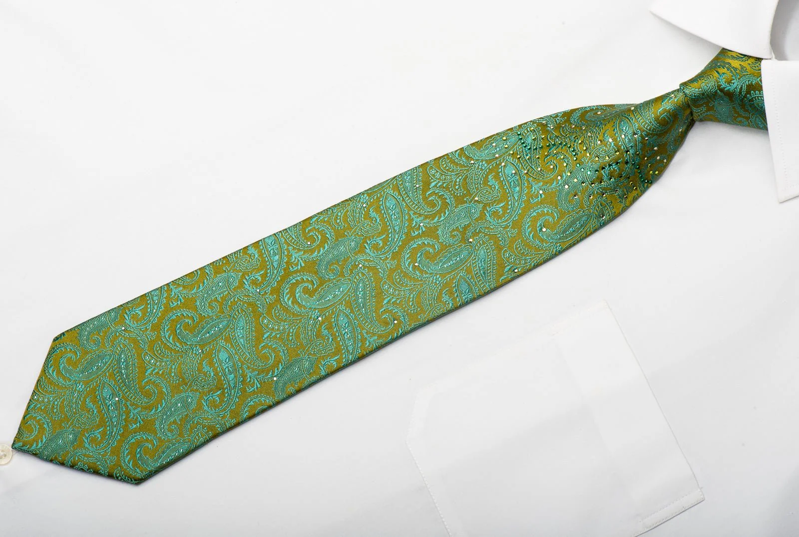 Andre Kim Men's Silk Necktie Turquoise Paisley On Green Sparkling With Rhinestones - Image 4