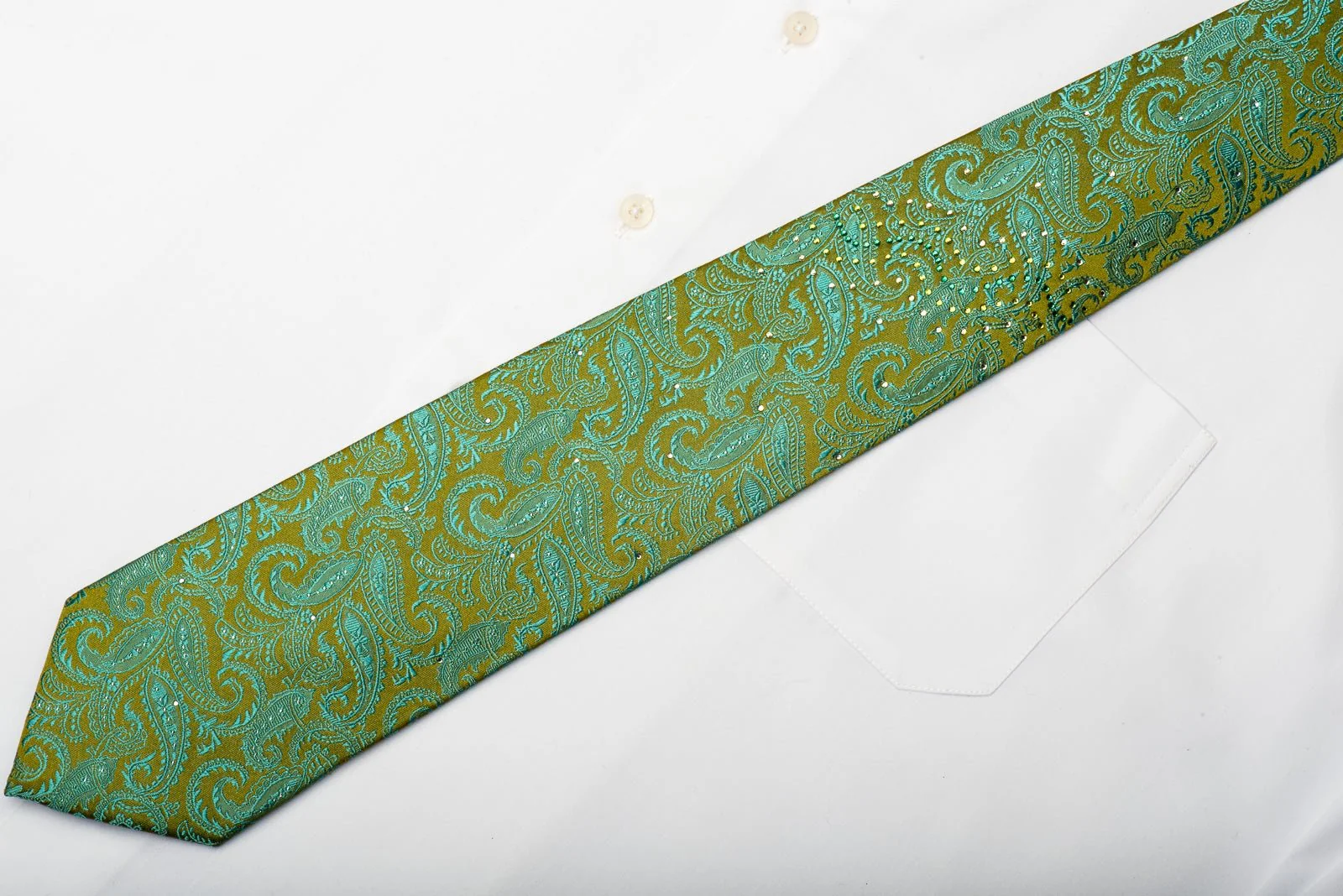 Andre Kim Men's Silk Necktie Turquoise Paisley On Green Sparkling With Rhinestones - Image 5