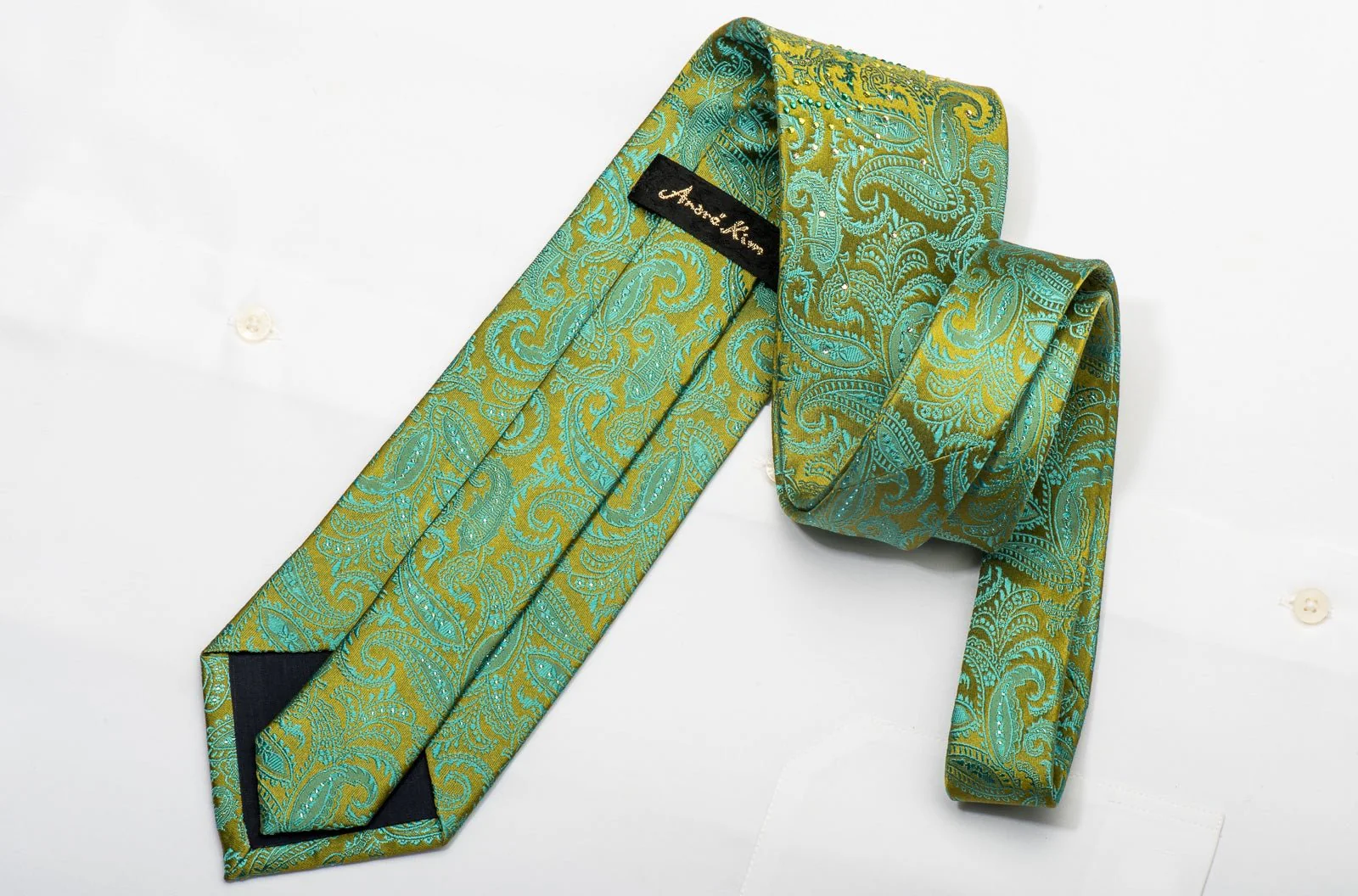 Andre Kim Men's Silk Necktie Turquoise Paisley On Green Sparkling With Rhinestones - Image 6