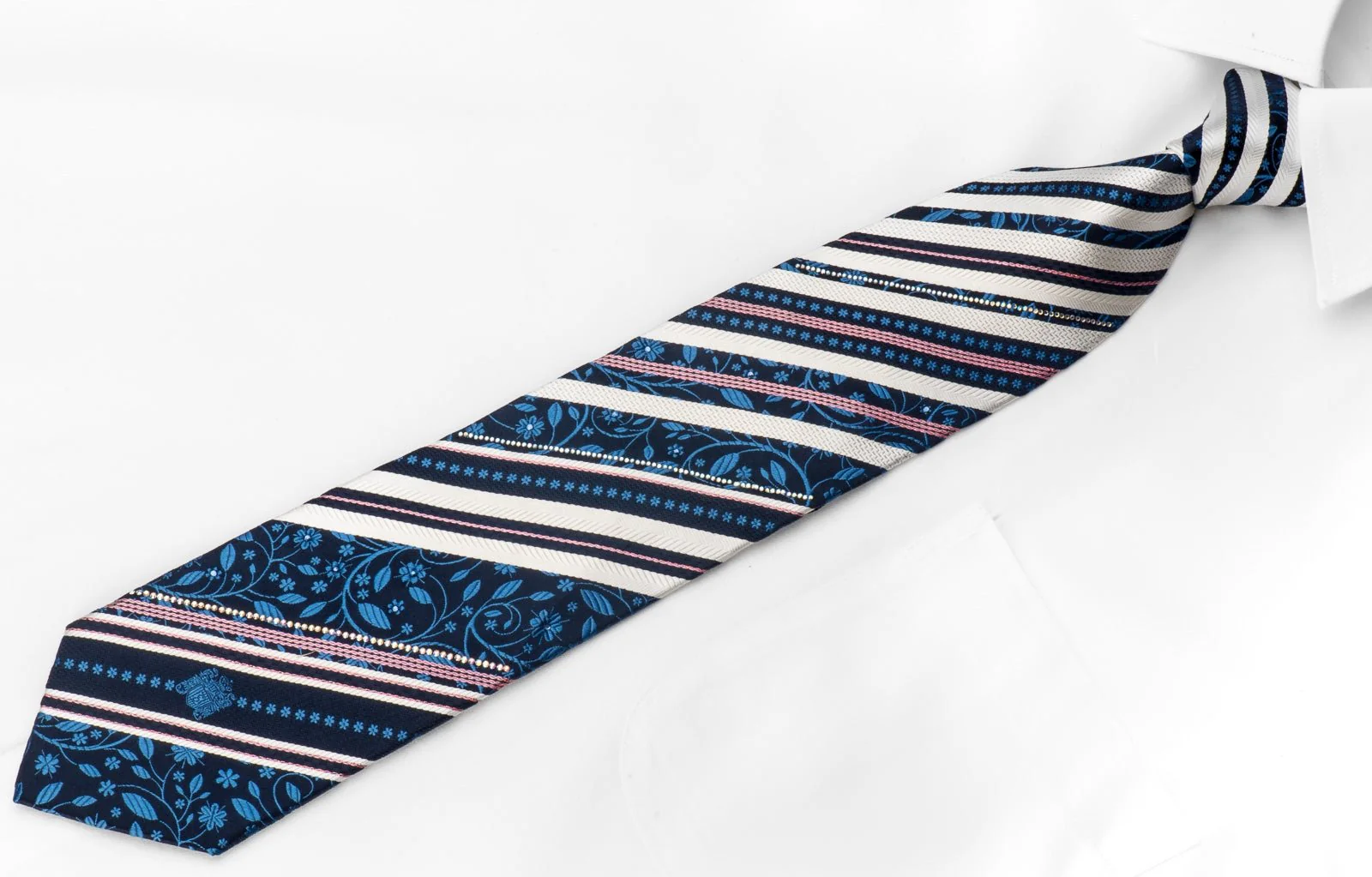 Aquascutum Men's Crystal Rhinestone Tie White Striped Floral On Navy Silk With Purple Sparkles - Image 3
