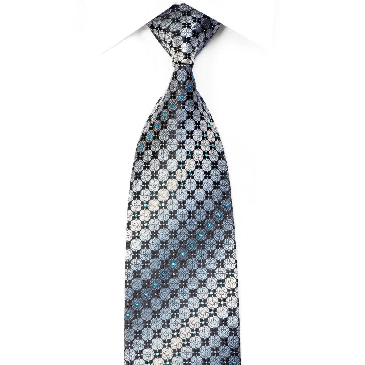 Men's Rhinestone Tie Blue Quatrefoil on Navy With Silver Sparkles