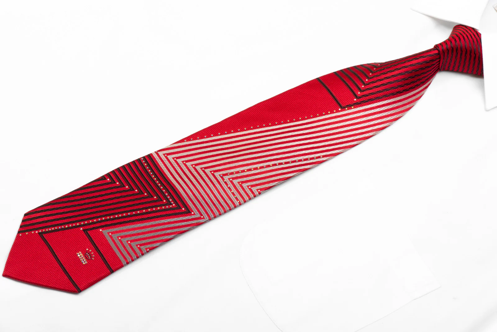 Aquascutum Rhinestone Necktie Silver Black Chevron Striped On Red With Sparkles - Image 3
