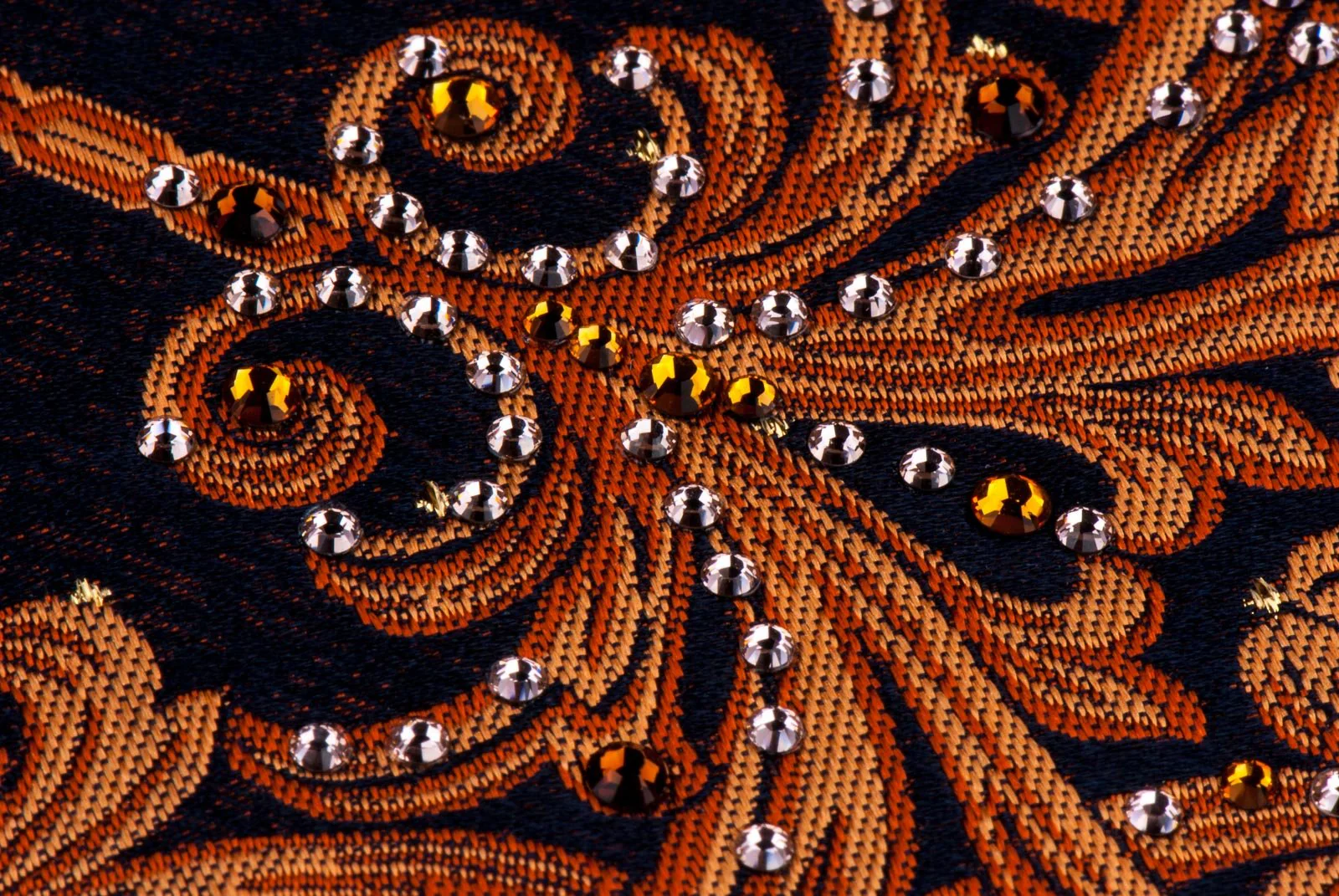 Aquascutum Rhinestone Silk Necktie Orange Damask On Black Classic 3 1/2 Inch - Image 5