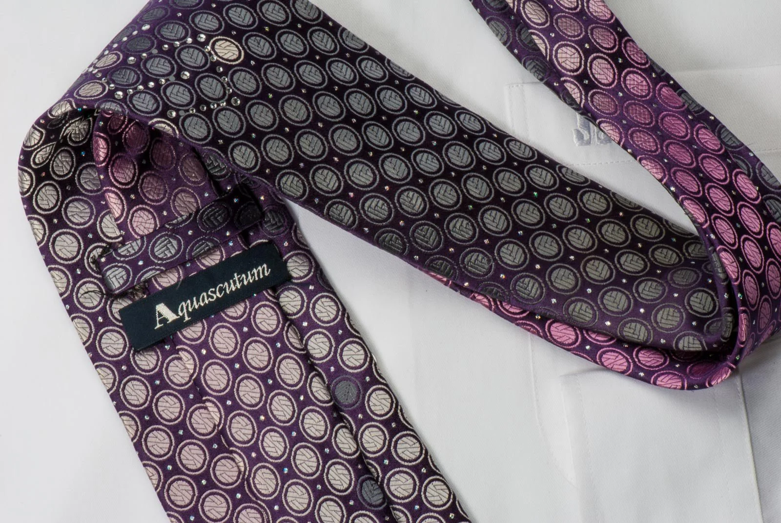 Aquascutum Rhinestone Tie Silver Geometric Dots On Purple With Silver Sparkles - Image 4