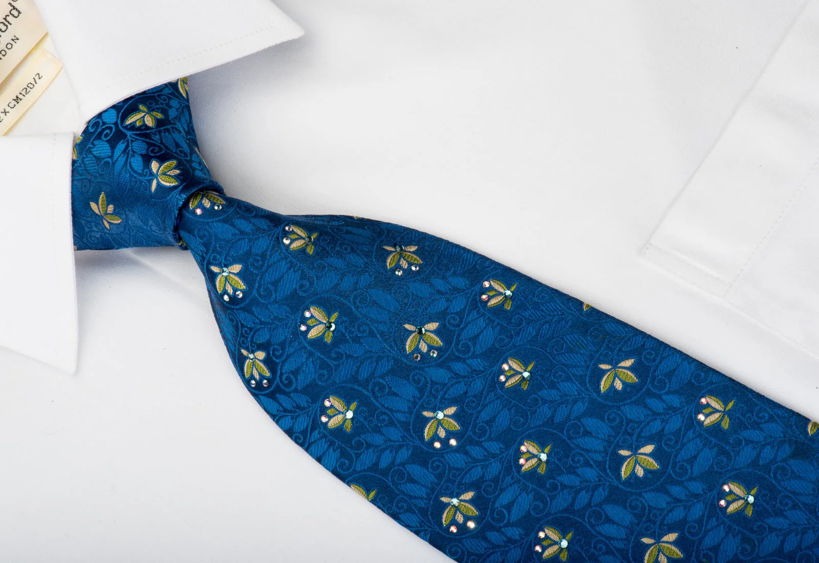 Aquascutum Silk Necktie Floral On Blue With Rhinestones - Image 4