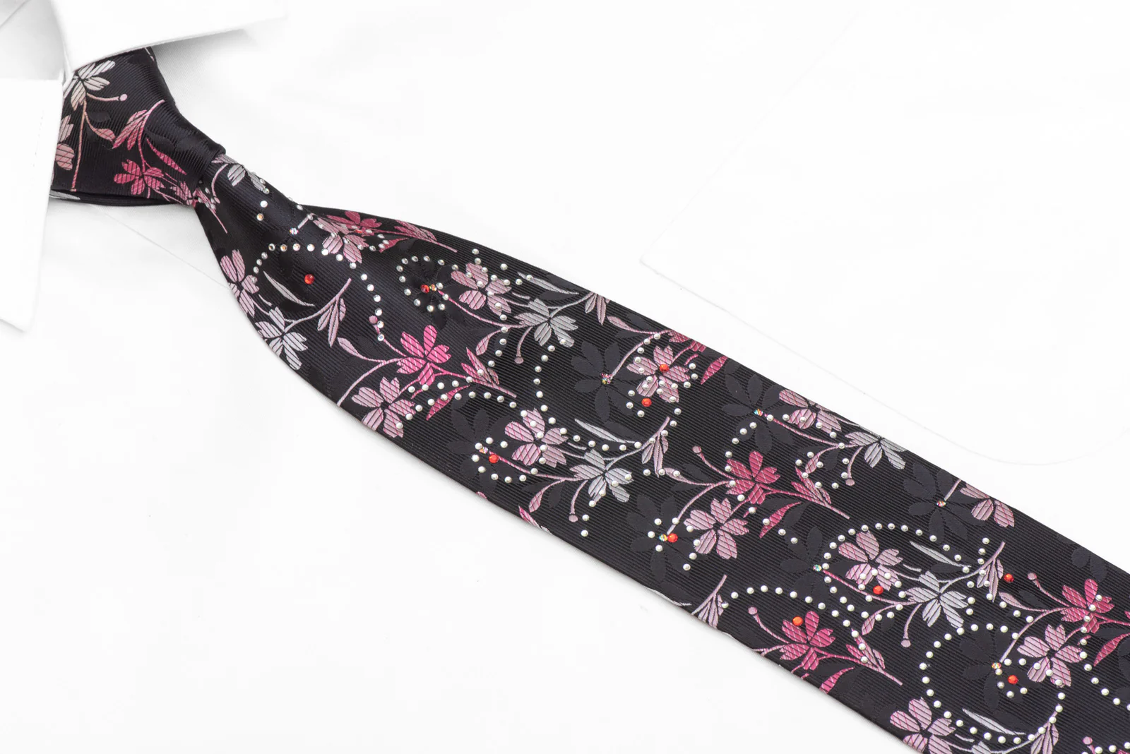 Pink Silver Floral On Black Rhinestone Necktie With Sparkles - Image 2