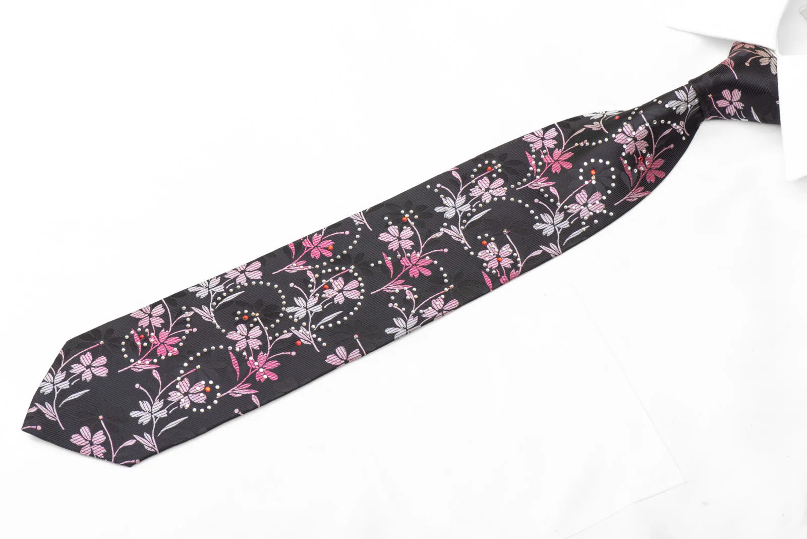 Pink Silver Floral On Black Rhinestone Necktie With Sparkles - Image 3