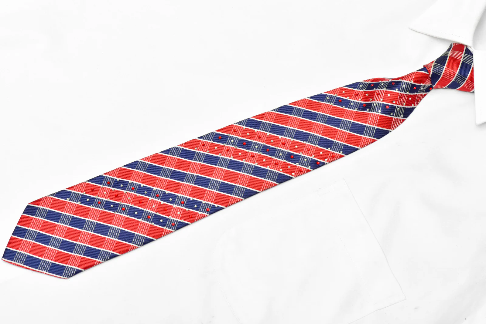 Blue Red Silver Striped Plaid Rhinestone Silk Tie - Image 2