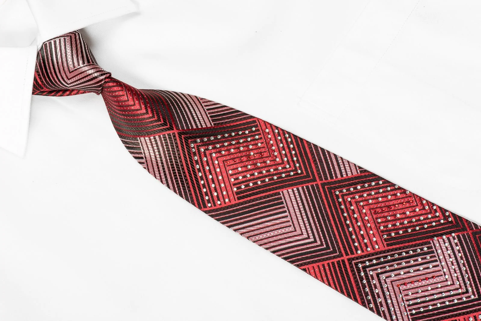 Armarichi Men's Crystal Rhinestone Neckties Black Red Chevron Design With Silver Sparkles - Image 3