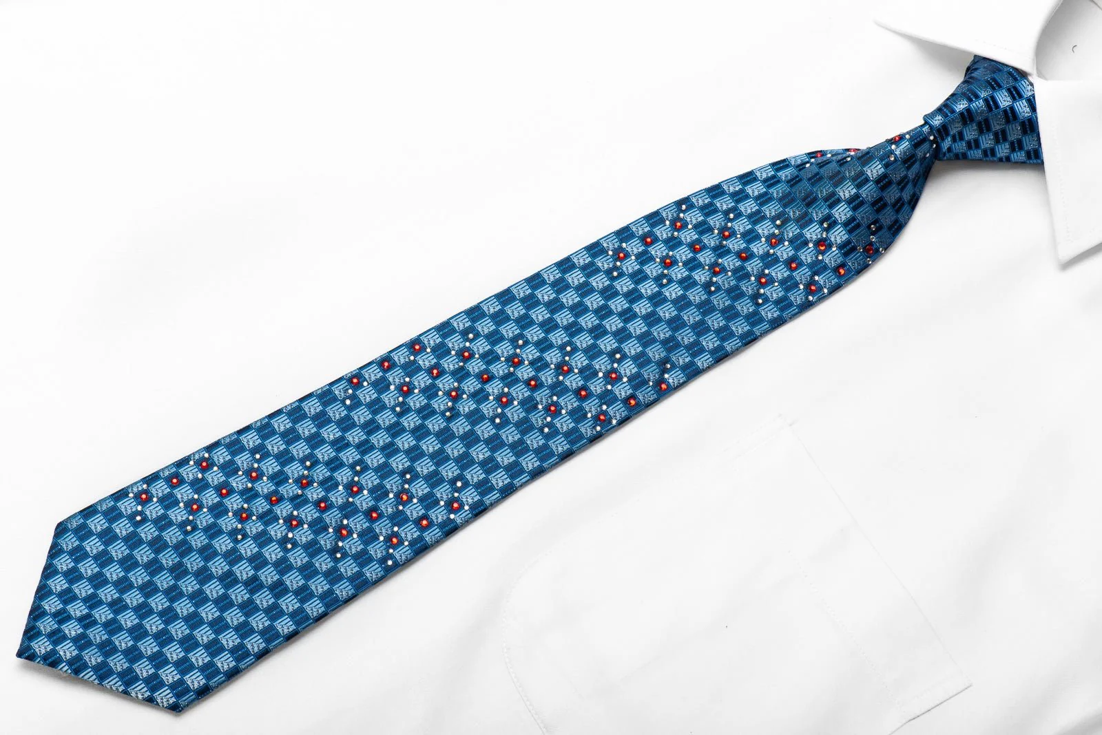 Armarichi Men's Crystal Rhinestone Silk Necktie Blue Checkered With Silver Sparkles - Image 2