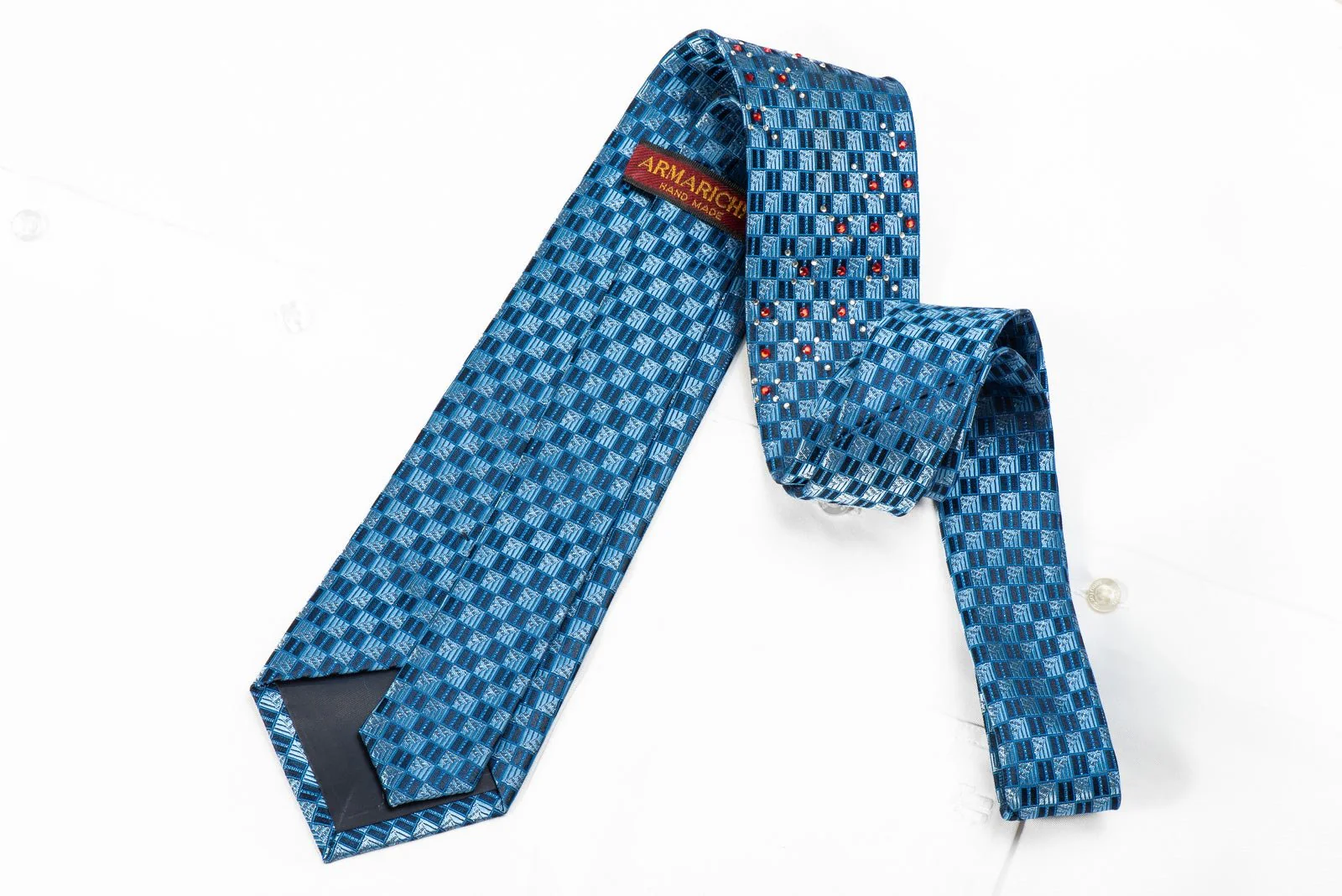 Armarichi Men's Crystal Rhinestone Silk Necktie Blue Checkered With Silver Sparkles - Image 4