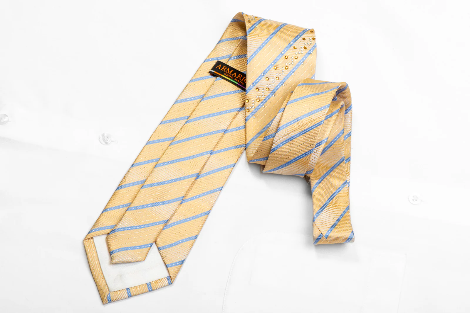 Armarichi Rhinestone Silk Necktie Blue Striped On Pale Yellow With Sparkles - Image 4