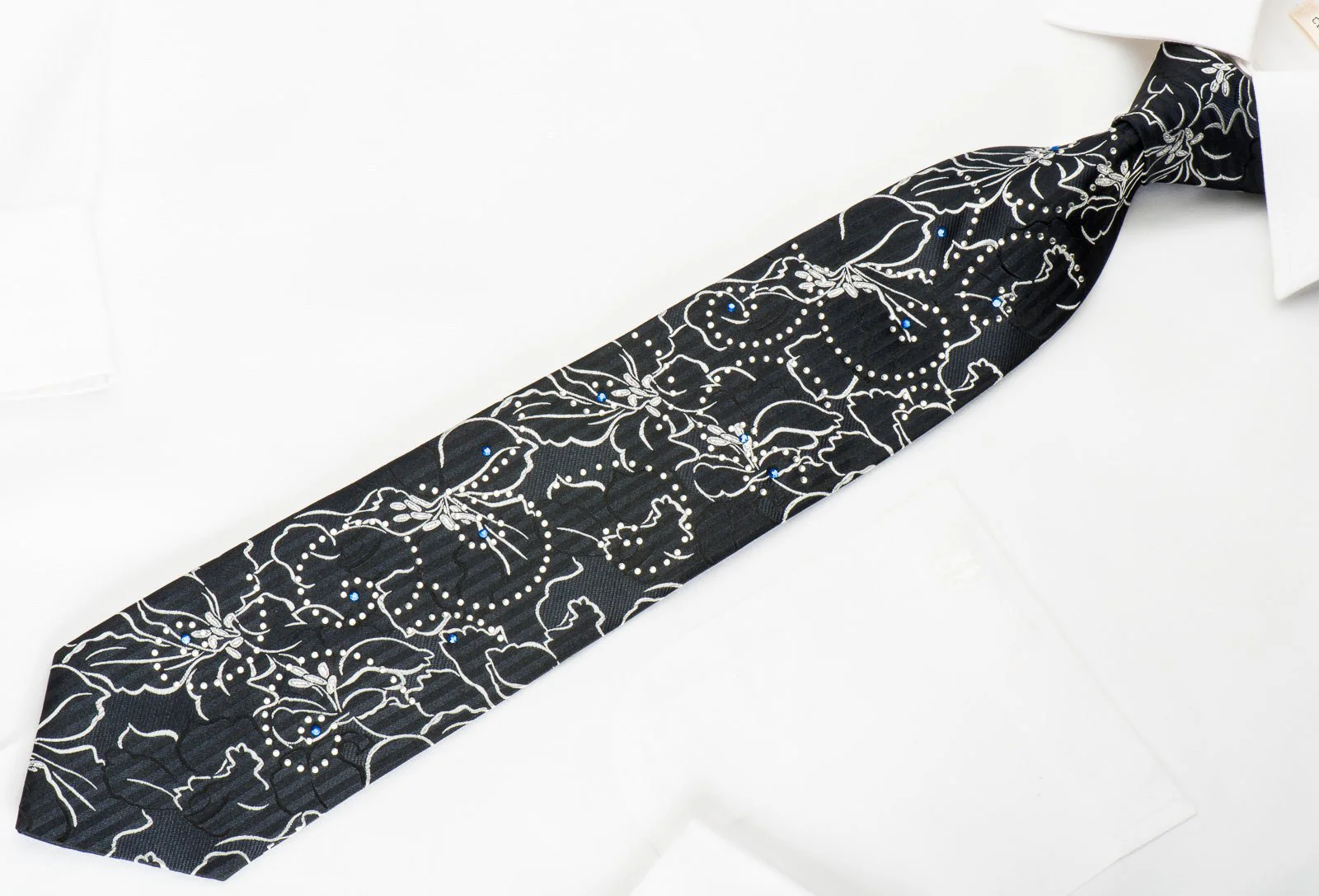 Armarichi Rhinestone Tie Silver Floral On Black With SIlver Sparkles - Image 5