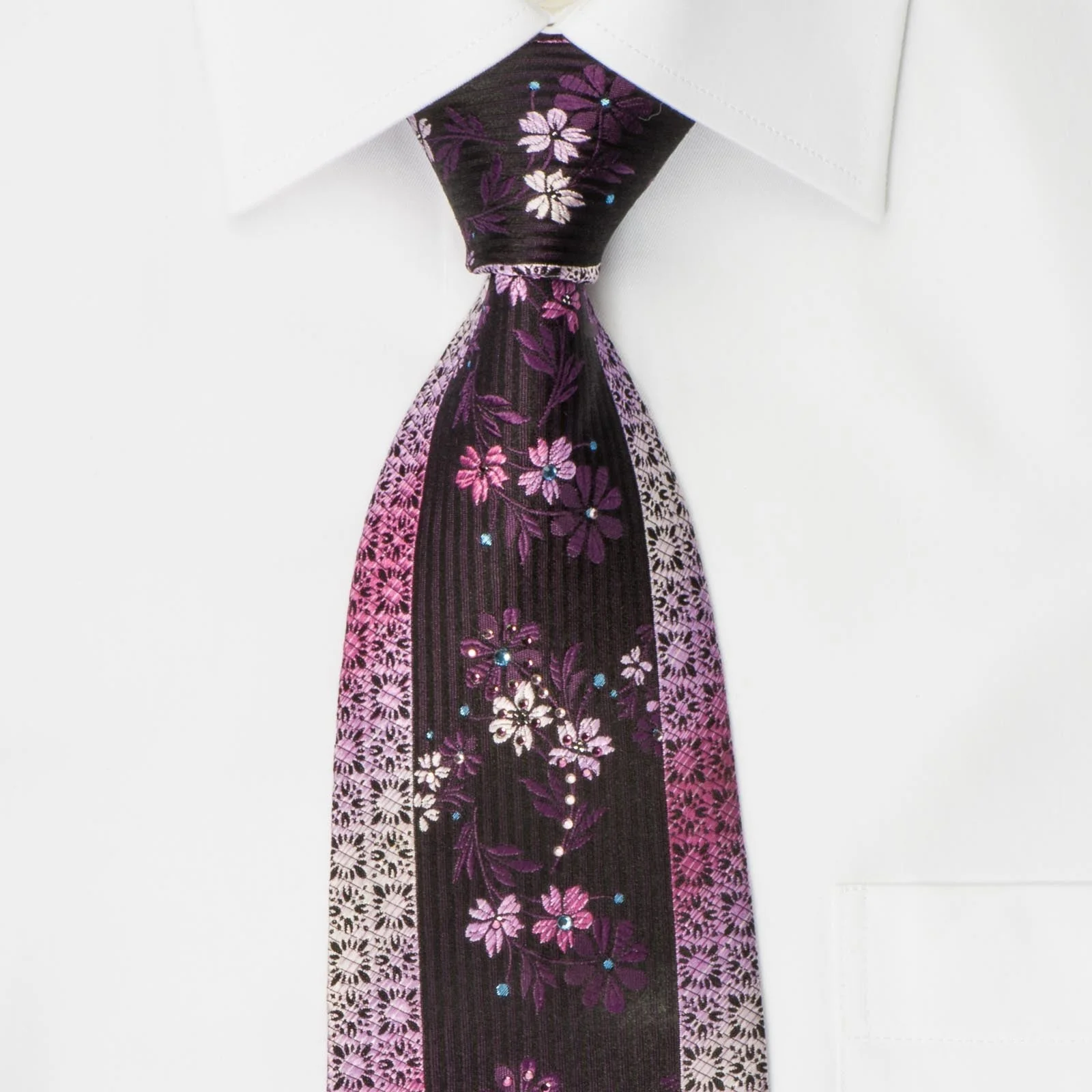 Arnaldo Bassini Silk Crystal Rhinestone Necktie Floral On Purple With Silver Sparkles - Image 4