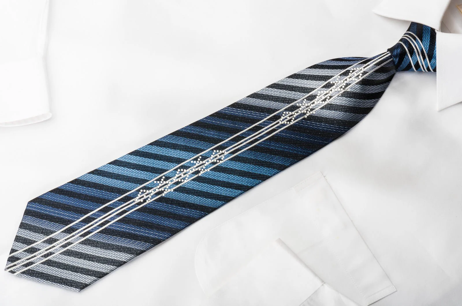 Arnaldo Bassini Silk Necktie Striped On Blue Sparkling With Rhinestones - Image 5