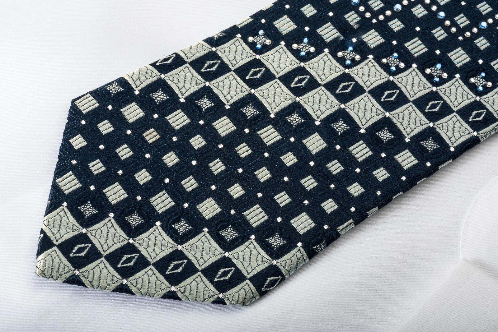 Arnold Palmer Rhinestone Silk Necktie Checkered On Blue With Silver Sparkles - Image 7