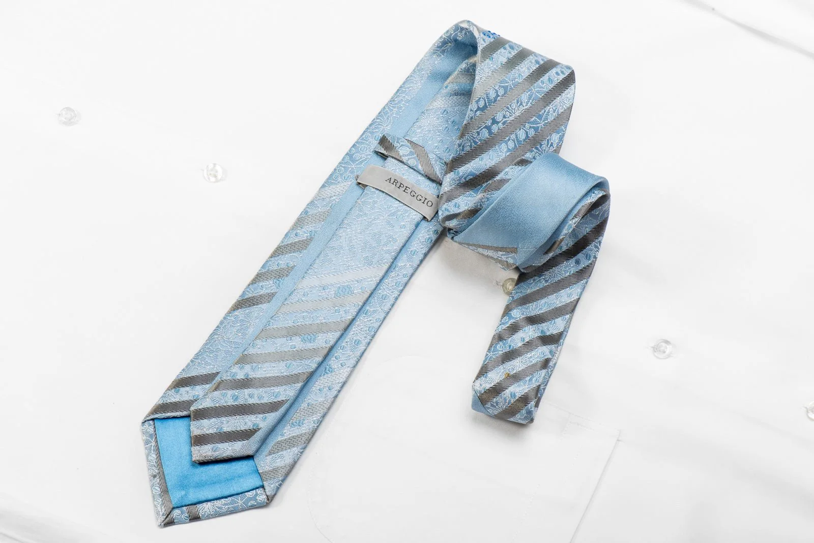 Arpeggio Men's Crystal Silk Necktie Silver Stripes & Floral On Blue With Sparkles - Image 4