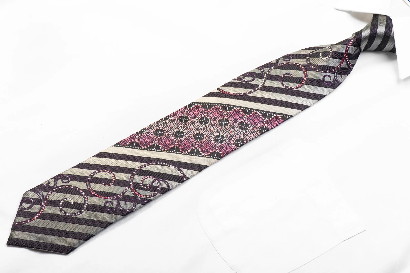 Arpeggio Rhinestone Necktie Silver Striped Scrolls On Black With Sparkles - Image 3