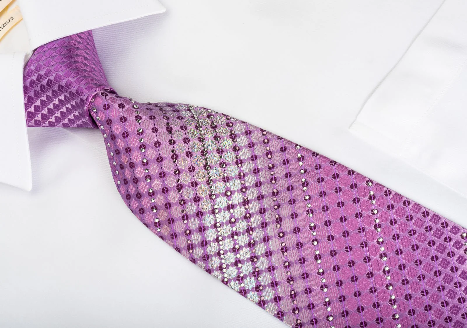 Arpeggio Rhinestone Silk Necktie Checker Dots On Purple With Silver Sparkles - Image 8