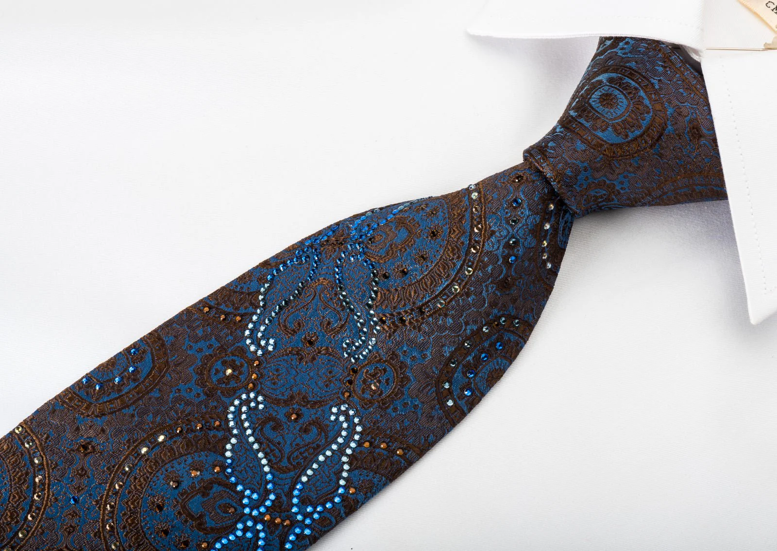 Arpeggio Silk Necktie Brown Anthemion On Blue With Crystal Rhinestones - Image 3