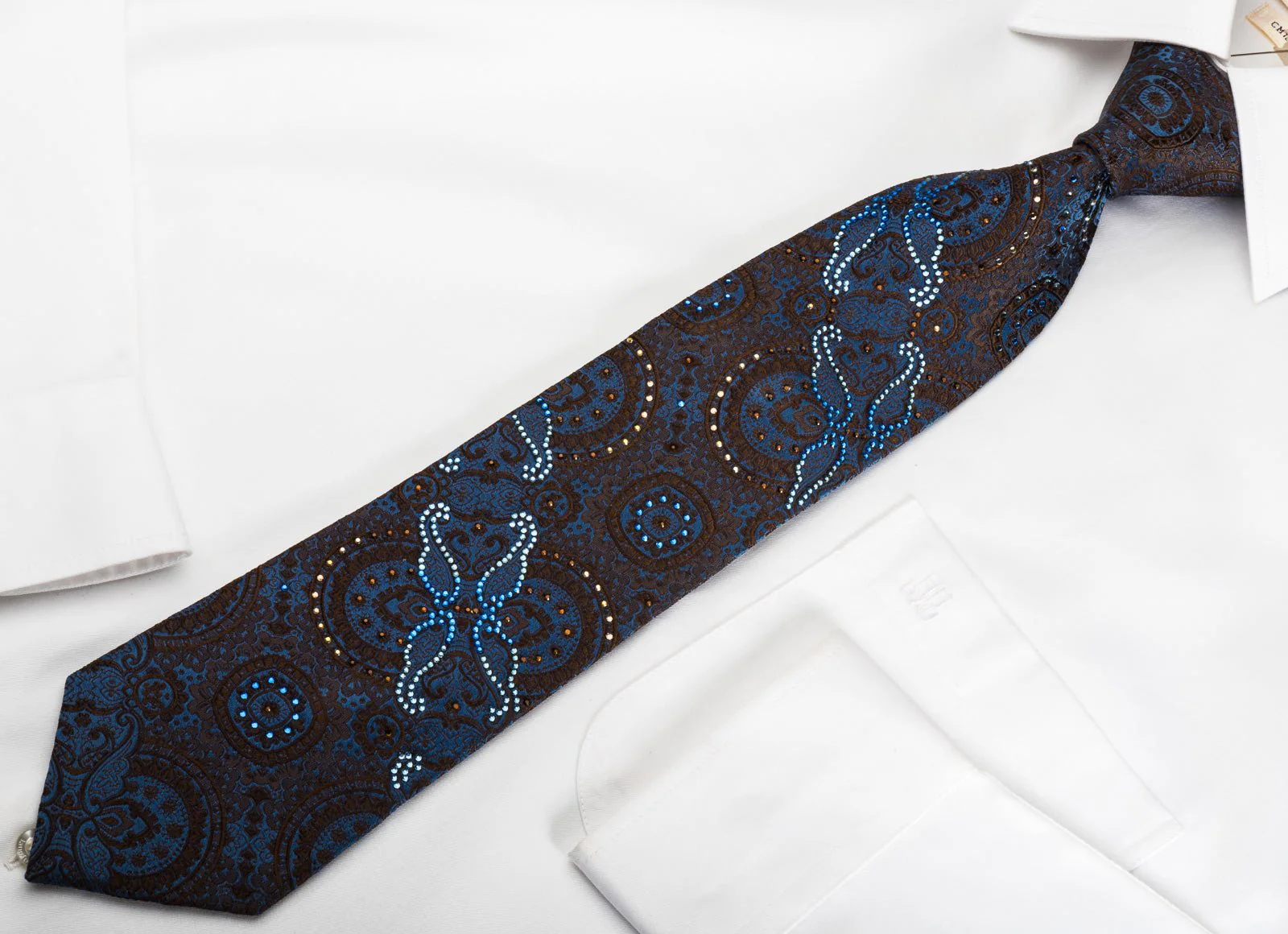 Arpeggio Silk Necktie Brown Anthemion On Blue With Crystal Rhinestones - Image 6