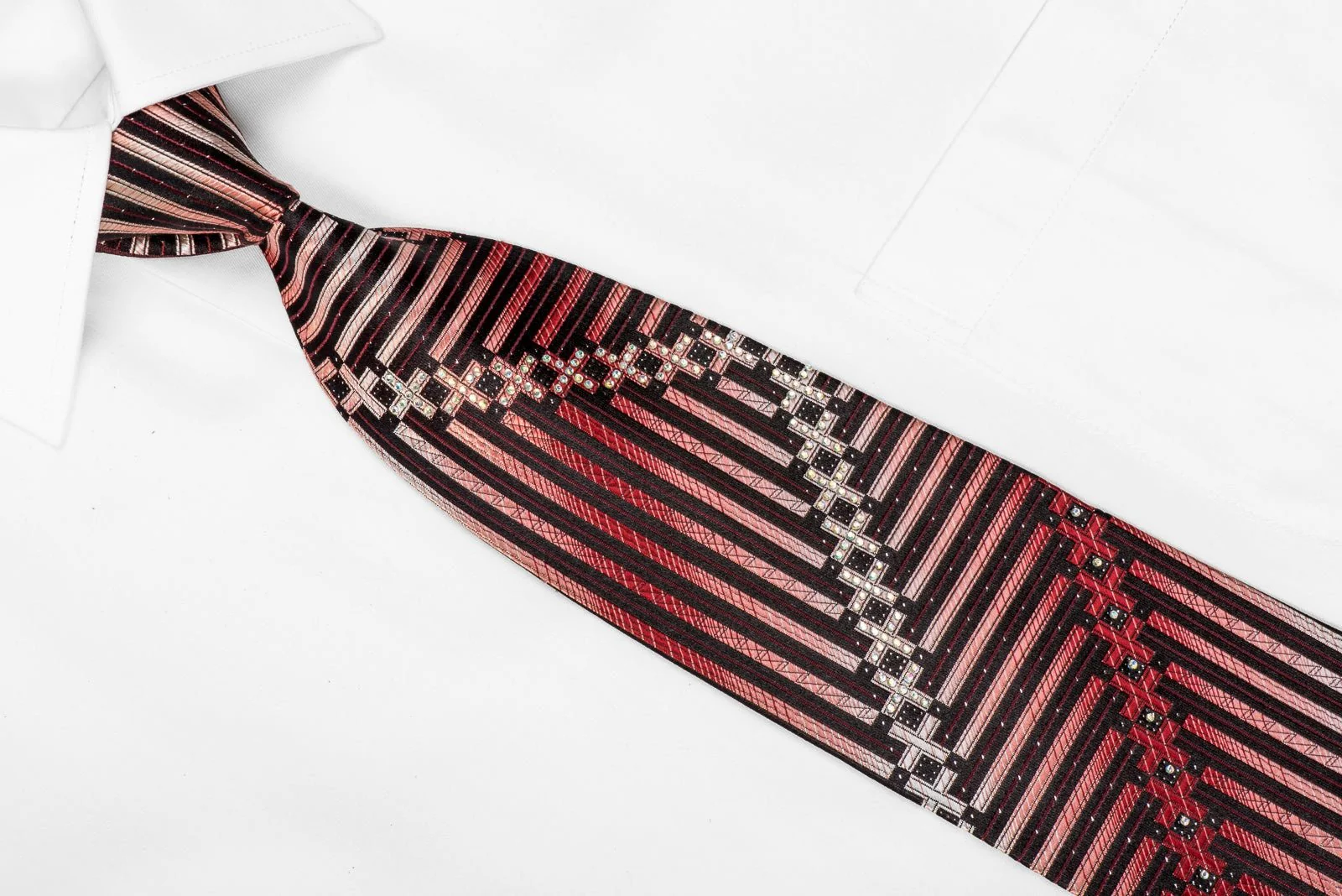 Austin Reed Men's Crystal Silk Necktie Black Red Chevron Striped With Silver Sparkles - Image 3