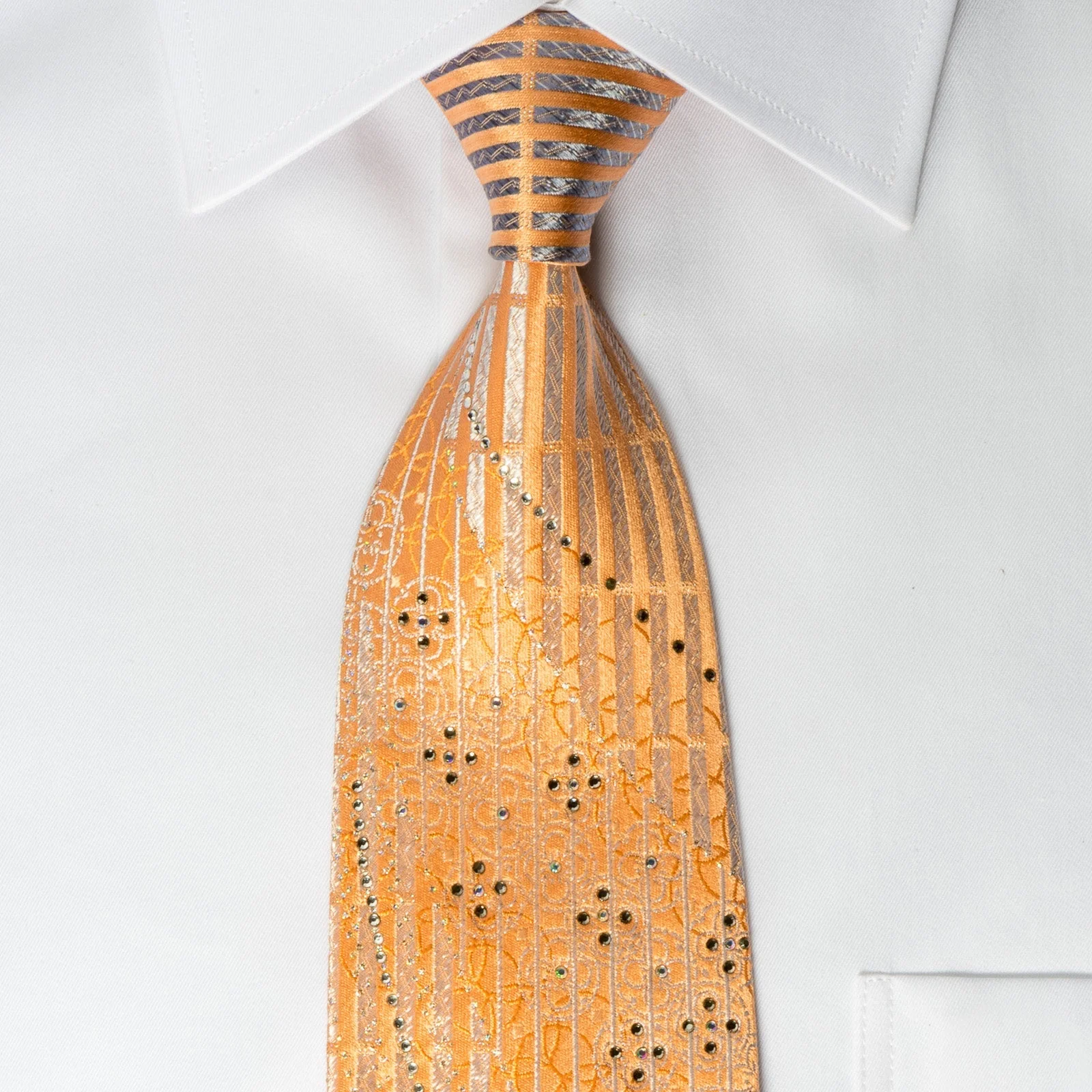 Austin Reed Rhinestone Necktie Silver Stripes On Orange With Silver Sparkles