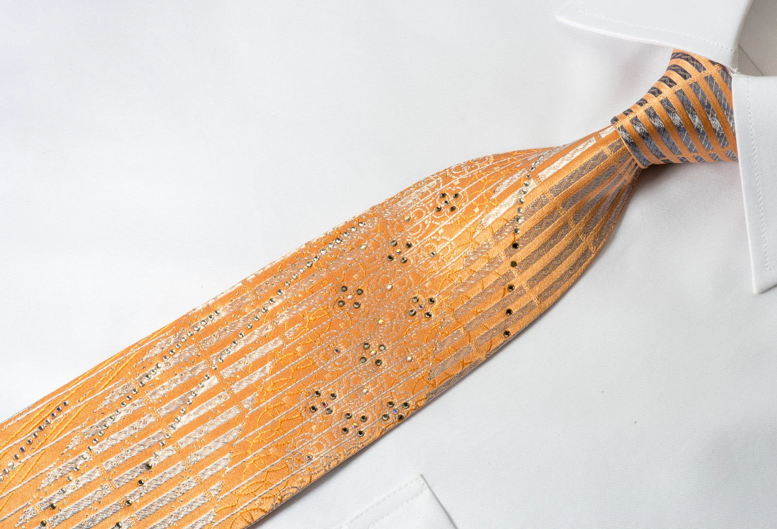 Austin Reed Rhinestone Necktie Silver Stripes On Orange With Silver Sparkles - Image 4