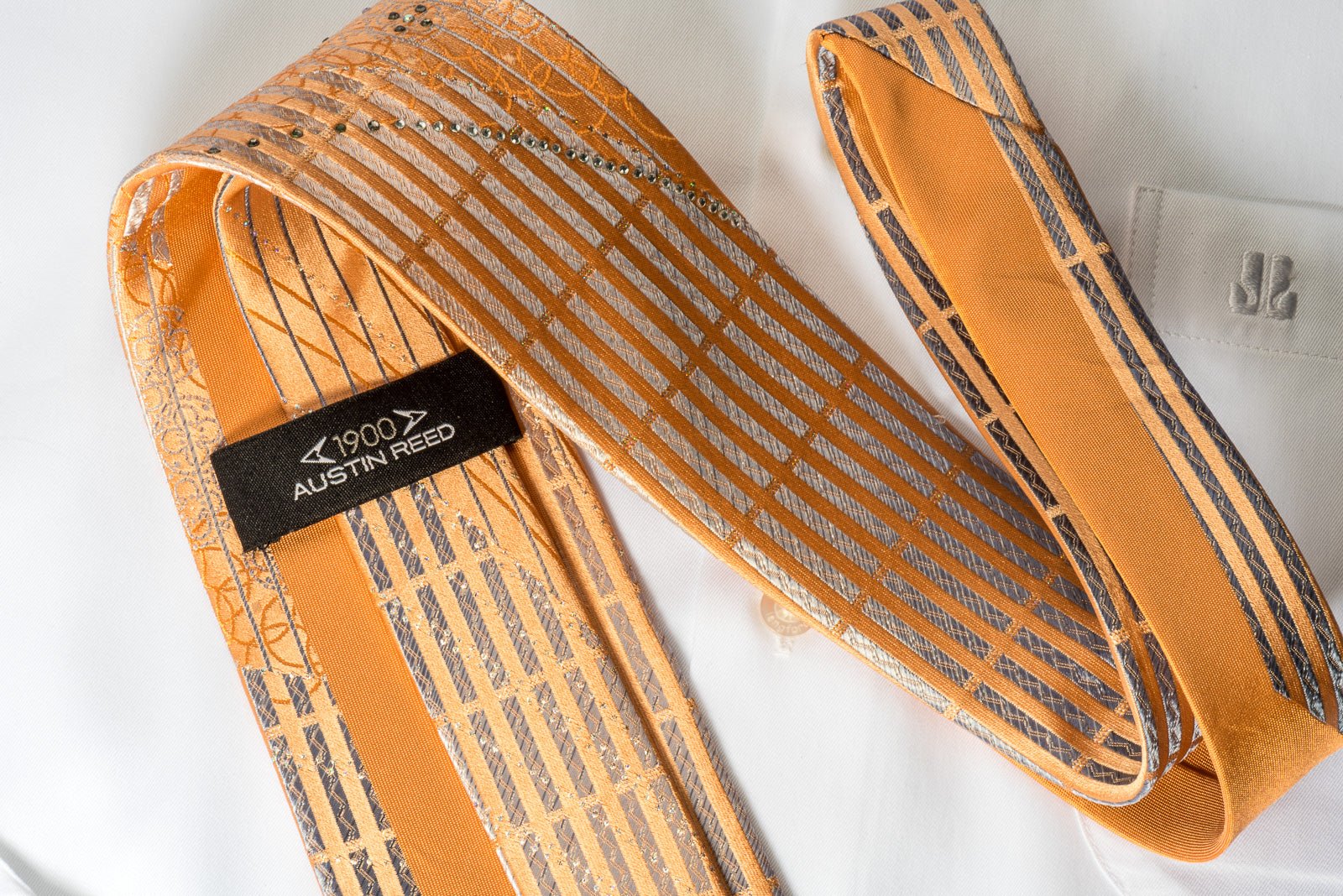 Austin Reed Rhinestone Necktie Silver Stripes On Orange With Silver Sparkles - Image 5