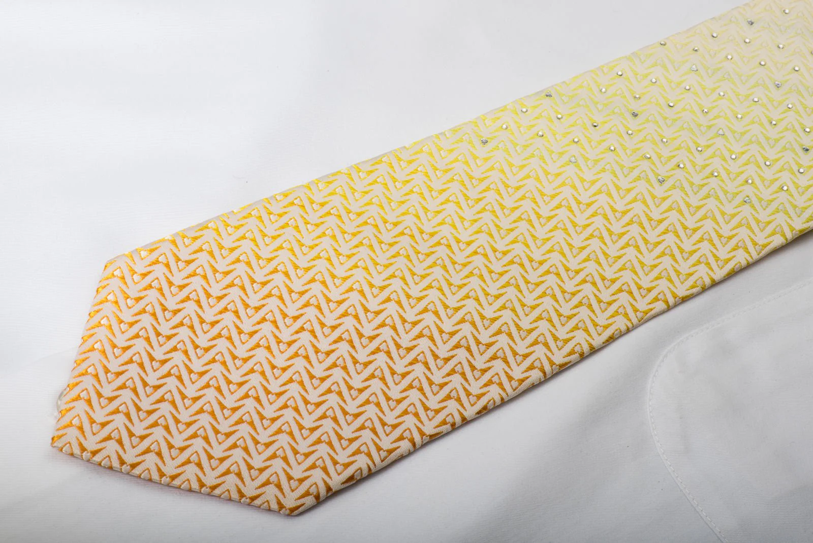 Austin Reed Rhinestone Silk Necktie Geometric Chevron On Yellow Orange With Silver Sparkles - Image 5