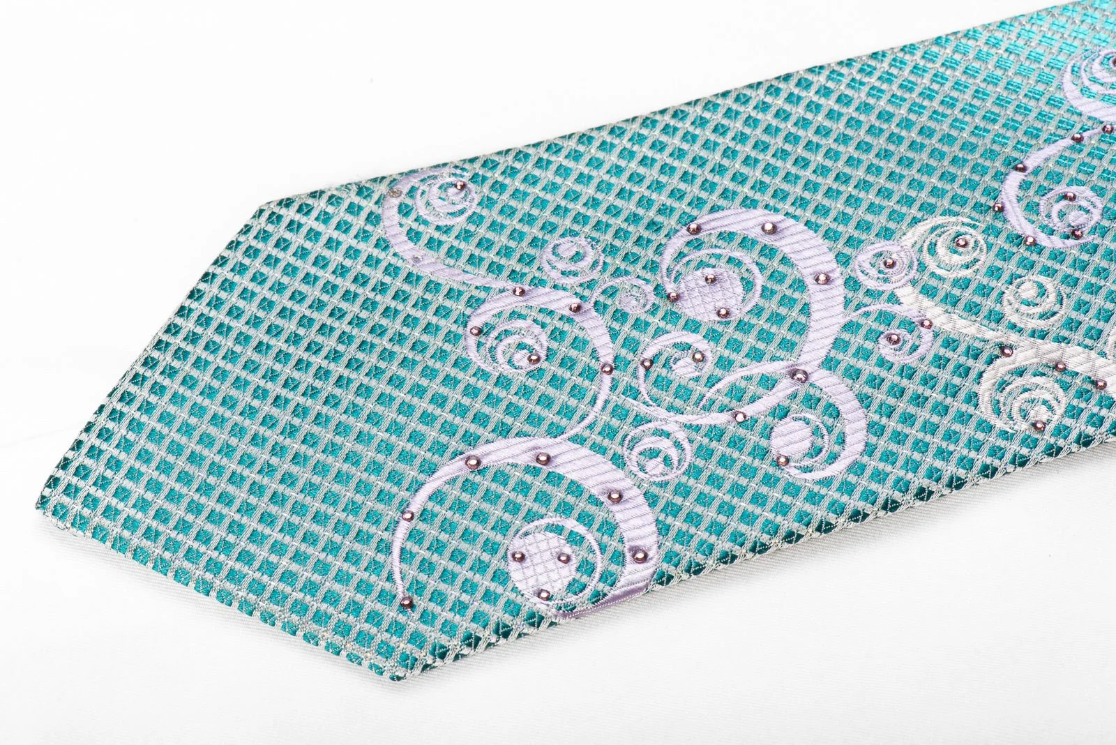 Avalon Men's Crystal Rhinestone Silk Tie Silver Scrolls On Turquoise Green With Silver Sparkles - Image 3