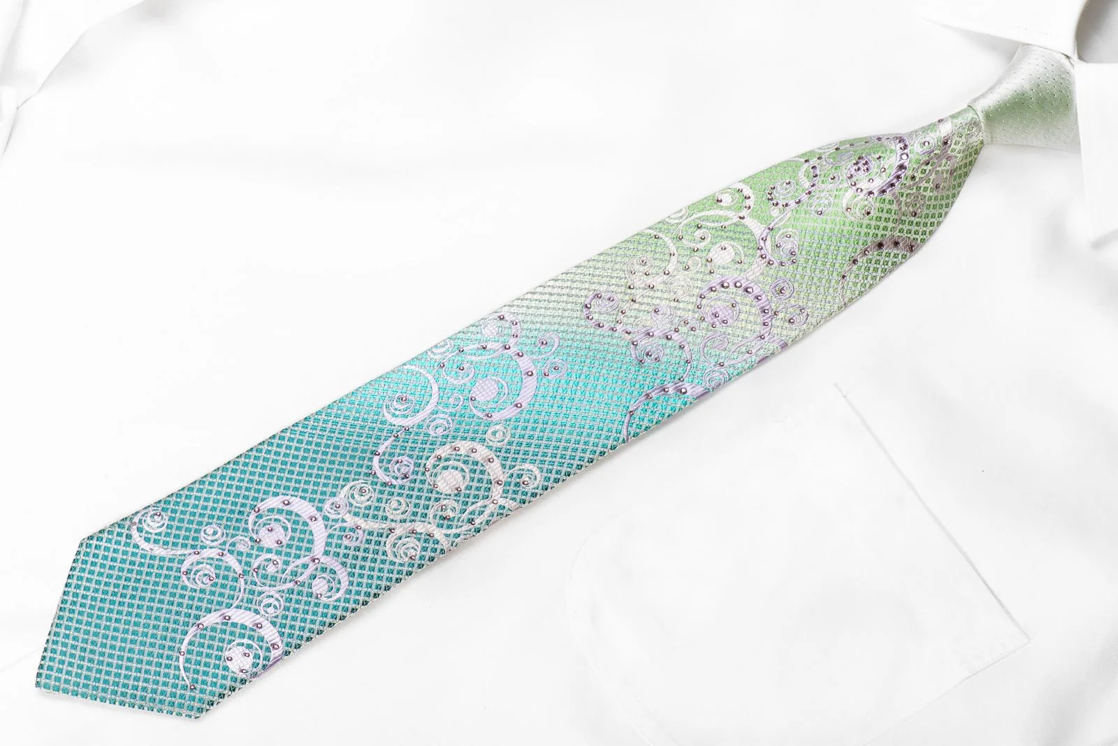 Avalon Men's Crystal Rhinestone Silk Tie Silver Scrolls On Turquoise Green With Silver Sparkles - Image 4