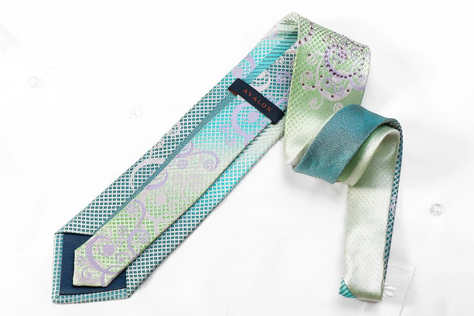 Avalon Men's Crystal Rhinestone Silk Tie Silver Scrolls On Turquoise Green With Silver Sparkles - Image 5