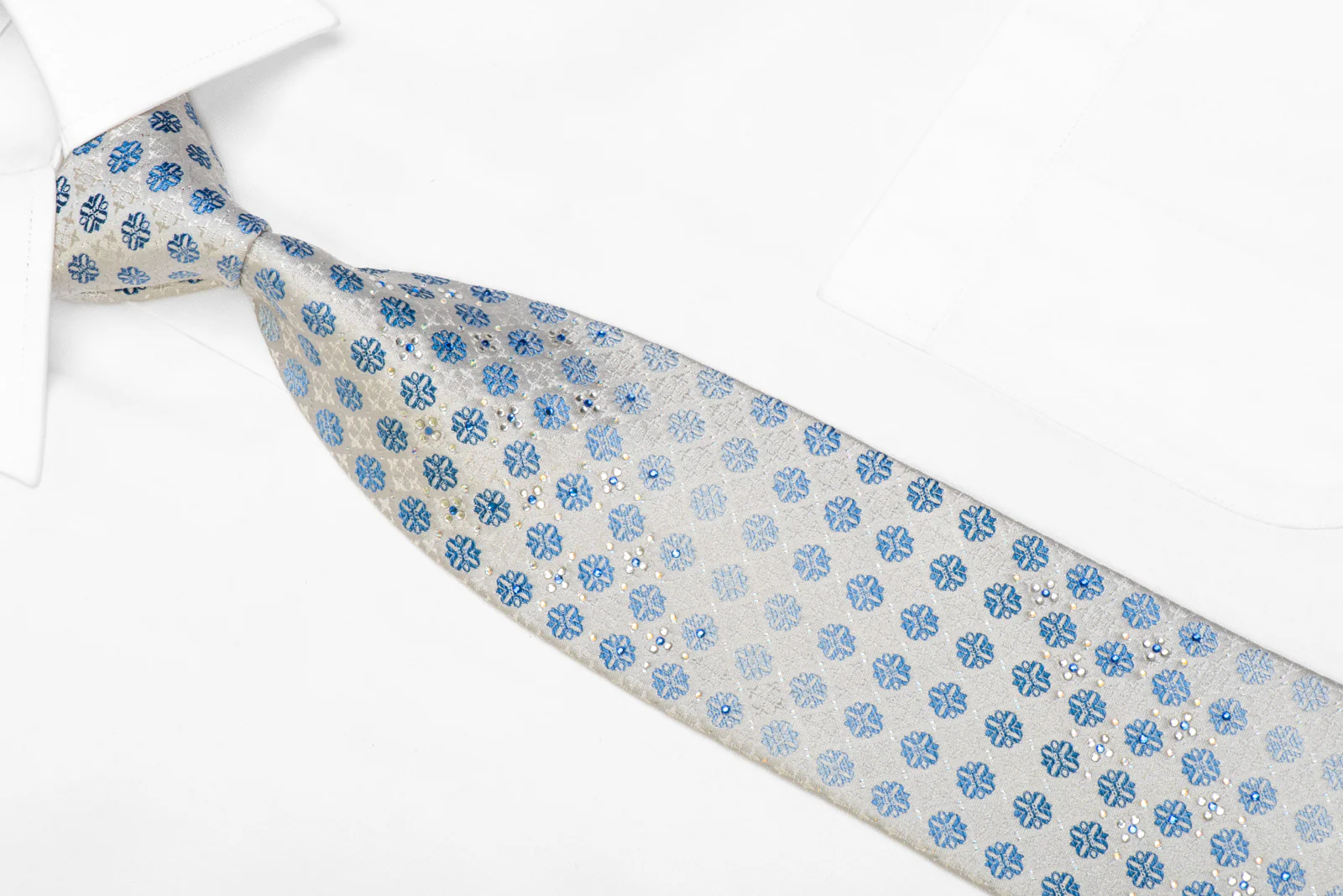 Avalon Rhinestone Silk Necktie Blue Foulard On White With Sparkles - Image 2