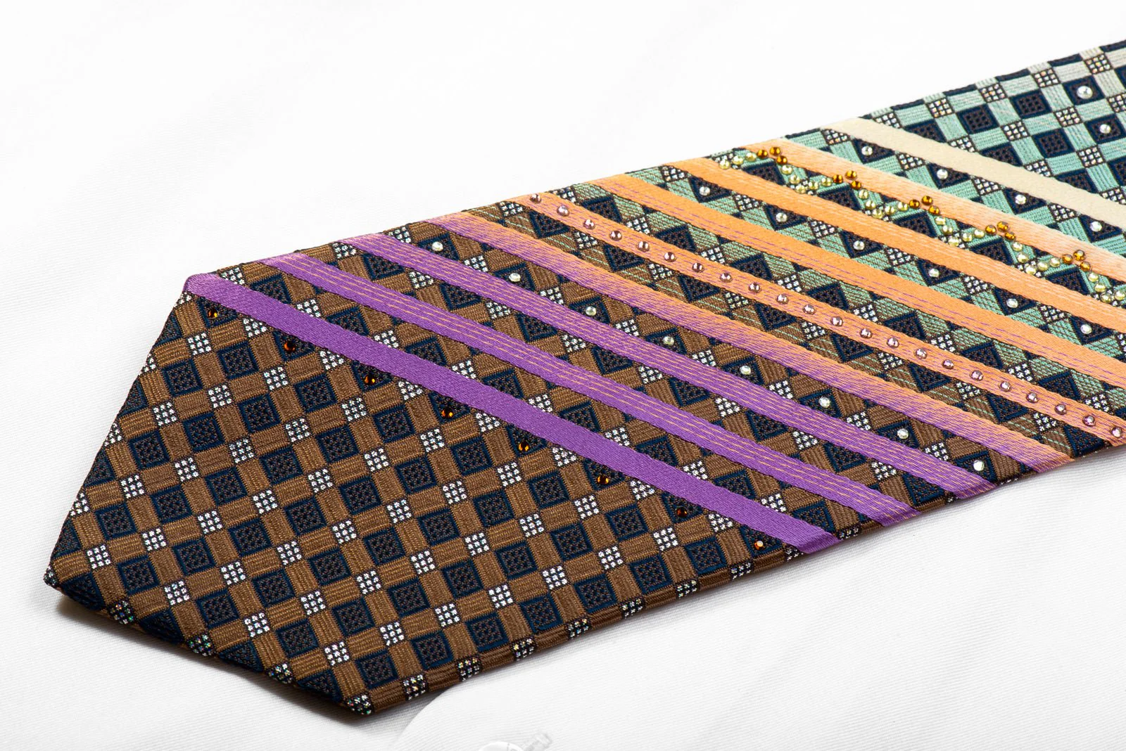 Avalon Rhinestone Silk Necktie Orange Purple Striped On Navy With Silver Sparkles - Image 4