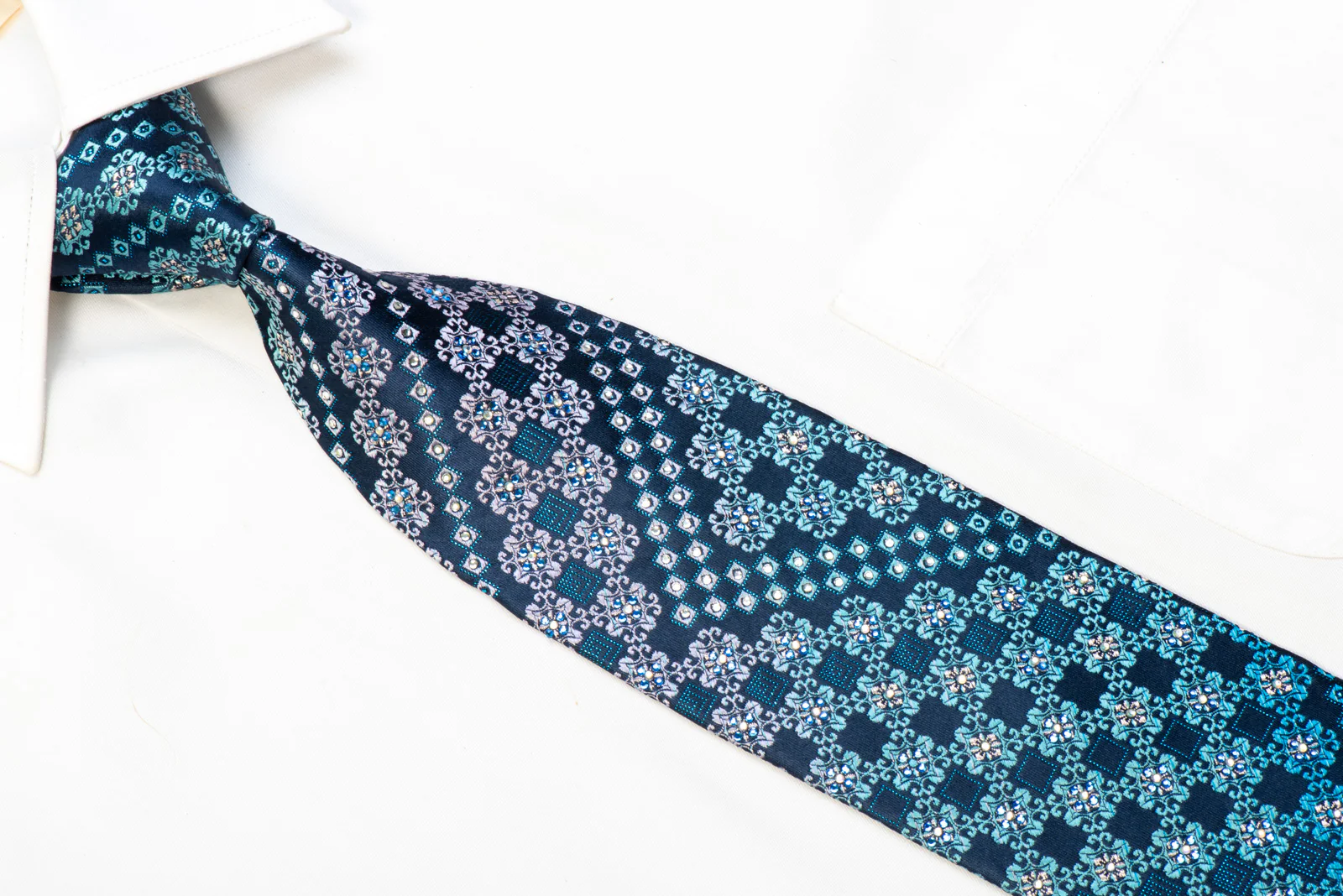 Avalon Rhinestone Silk Necktie Silver Blue Cartouche On Navy With Sparkles - Image 2