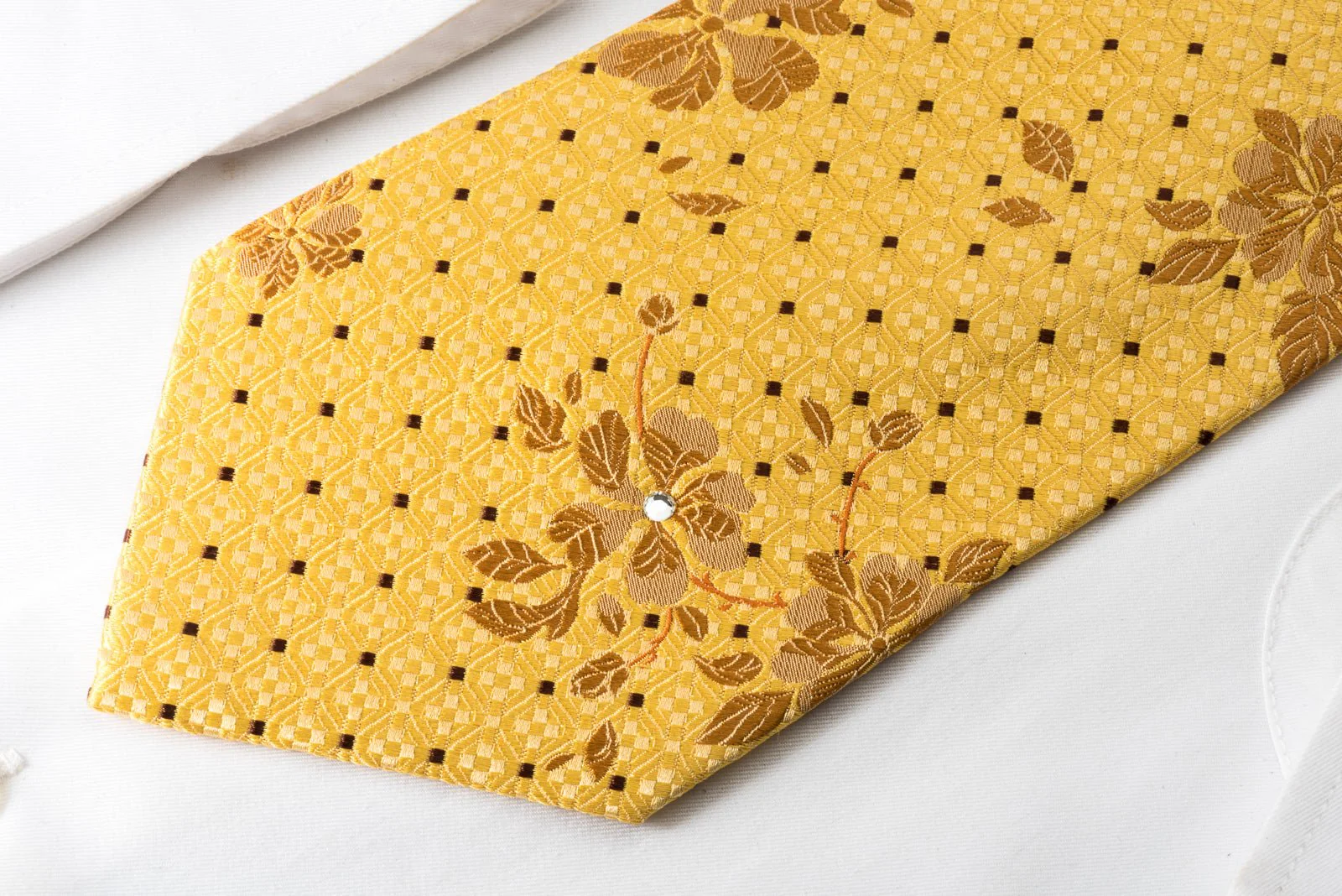 Avalon Silk Necktie Brown Floral On Yellow With Crystal Rhinestones - Image 4