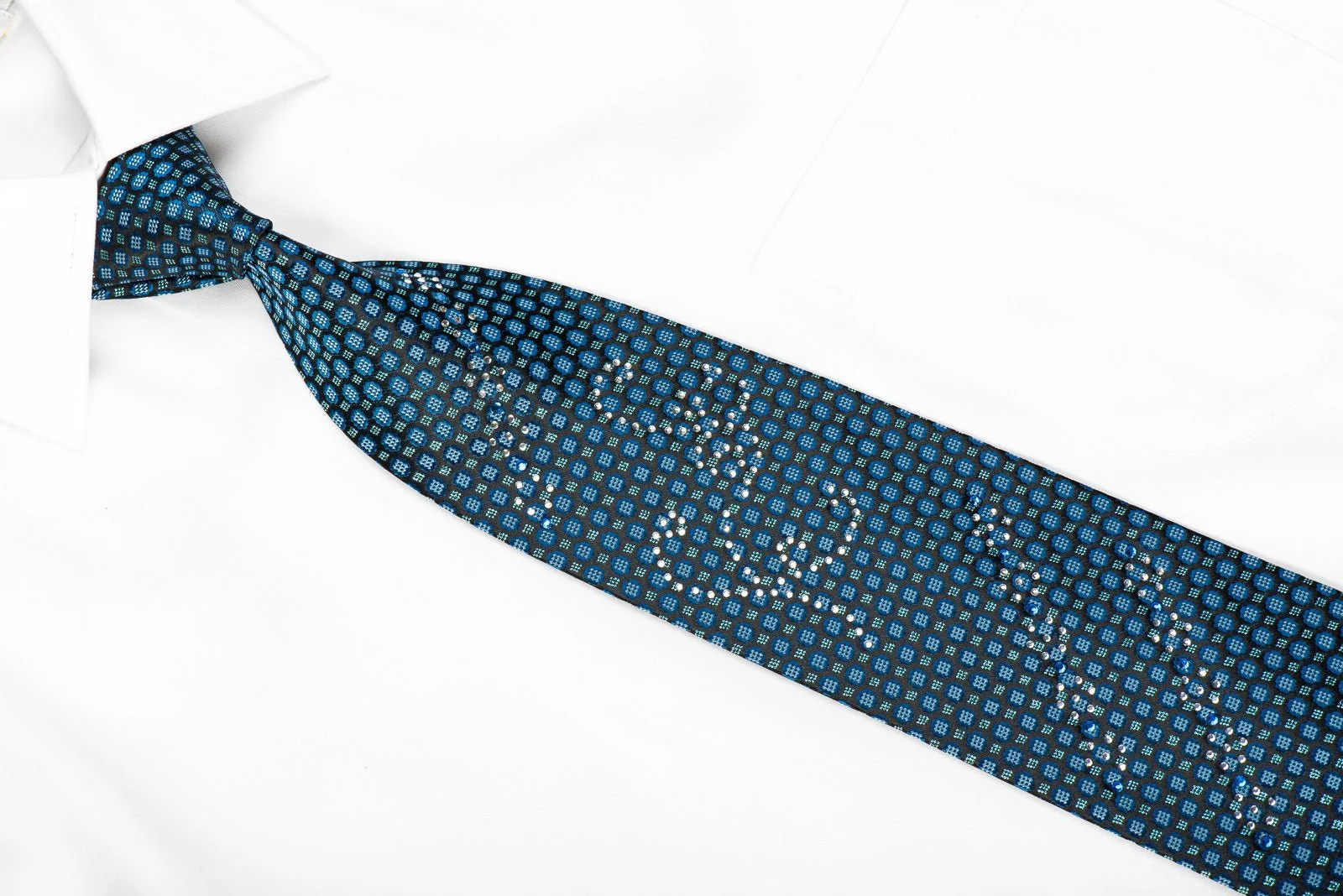 Avolio Men's Crystal Silk Tie Blue Geometric On Black With Blue Sparkles - Image 3