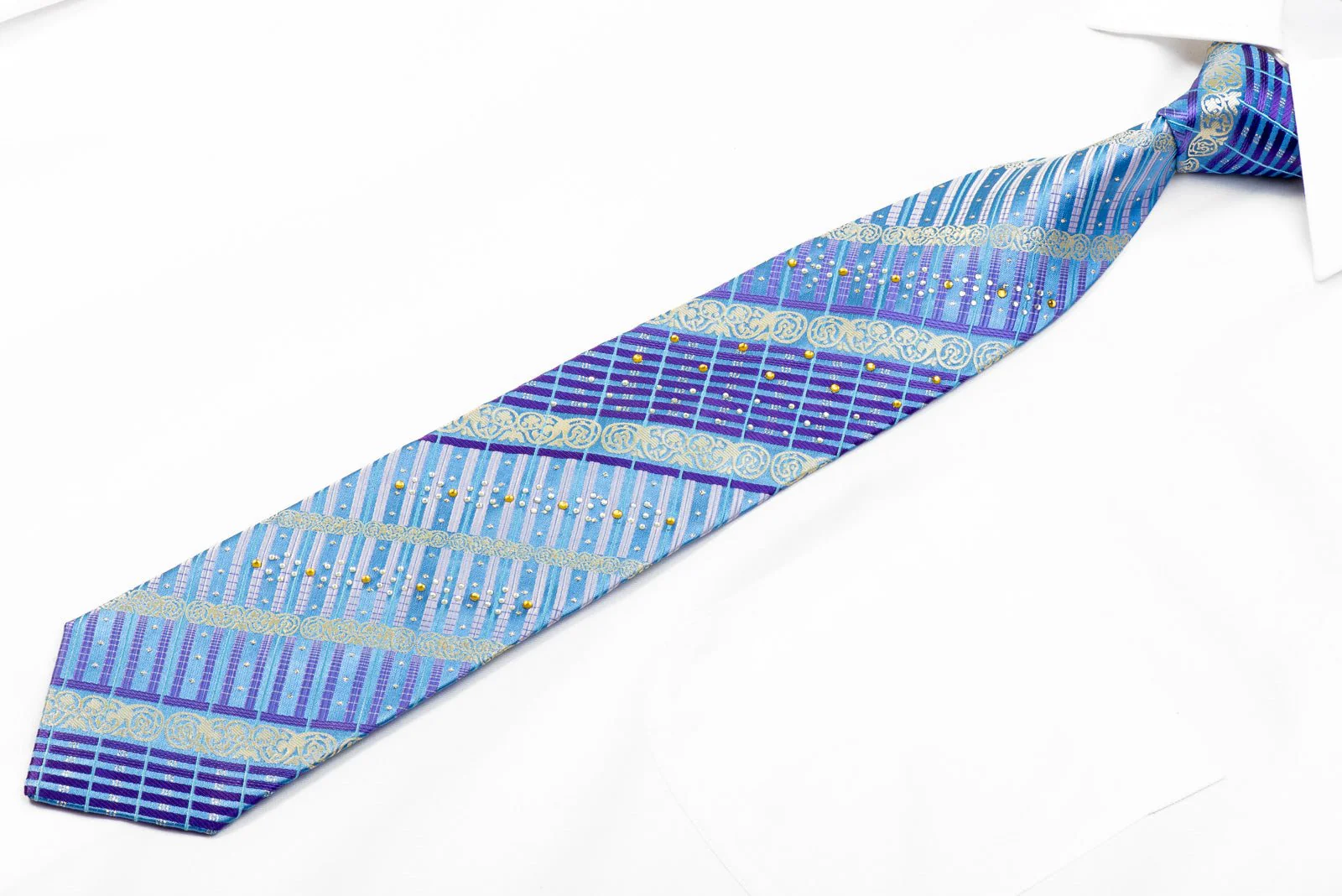 Avolio Rhinestone Necktie Purple Striped Cartouche On Pale Blue With Sparkles - Image 3