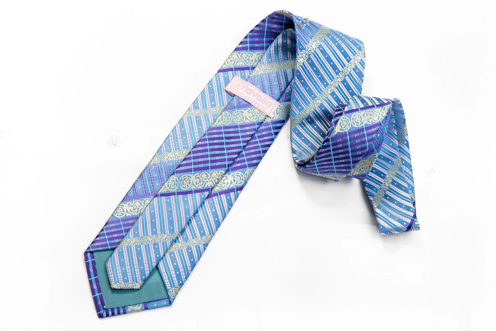 Avolio Rhinestone Necktie Purple Striped Cartouche On Pale Blue With Sparkles - Image 4