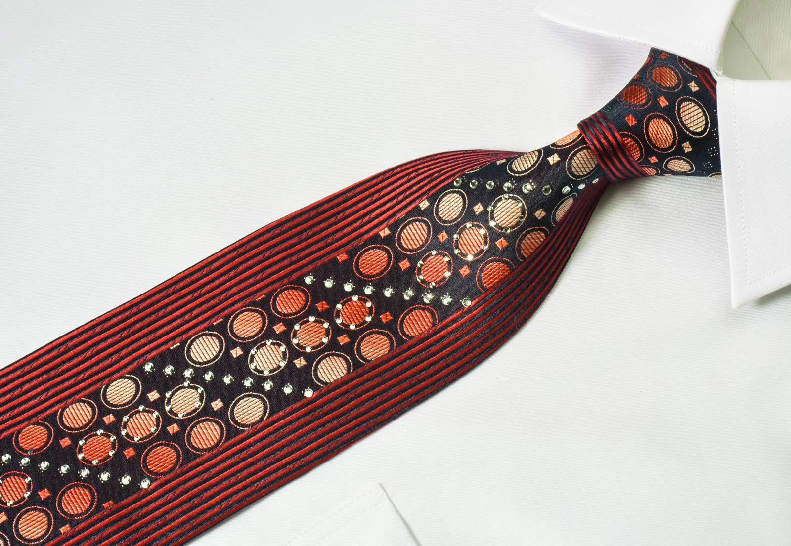 Avolio Rhinestone Silk Necktie Orange Geometric Design On Black - Image 3