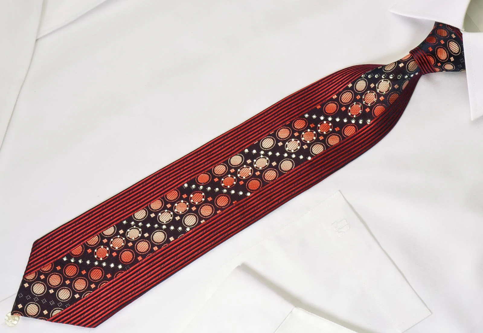 Avolio Rhinestone Silk Necktie Orange Geometric Design On Black - Image 4