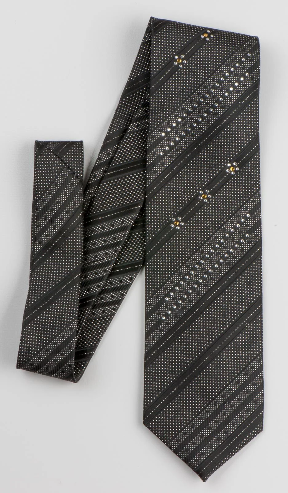 Avolio Silk Tie Silver Stiped Sparkles On Black With Rhinestones Necktie - Image 5