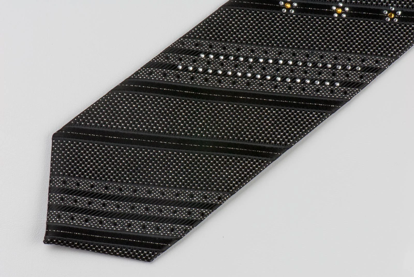 Avolio Silk Tie Silver Stiped Sparkles On Black With Rhinestones Necktie - Image 6