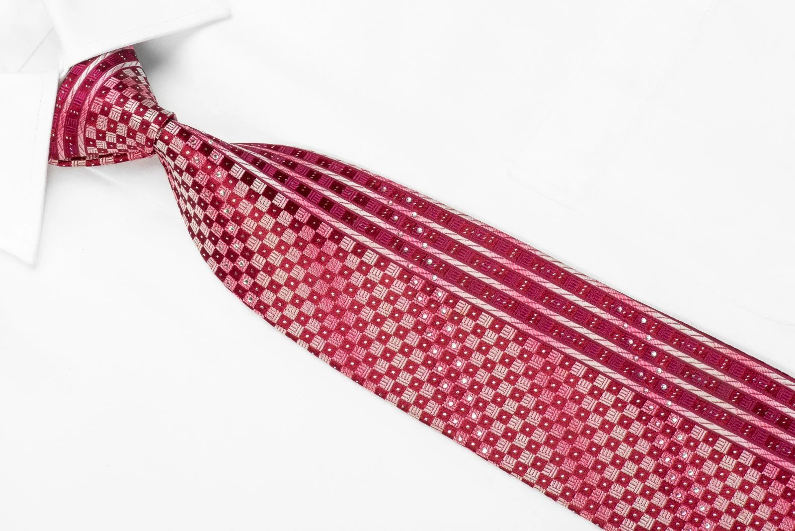 Basic Elle Men's Crystal Rhinestone Silk Necktie Burgundy Striped & Checkered With Silver Sparkles - Image 3