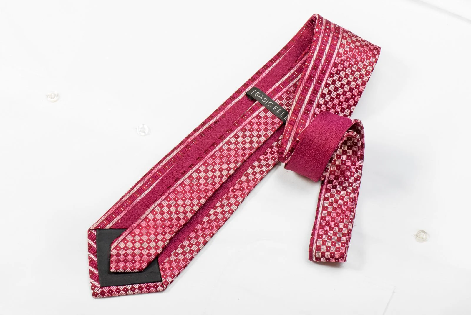 Basic Elle Men's Crystal Rhinestone Silk Necktie Burgundy Striped & Checkered With Silver Sparkles - Image 4
