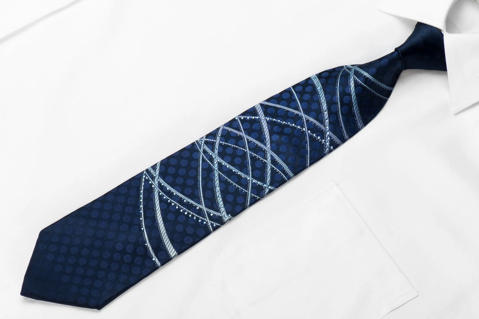 Basic Elle Men's Crystal Silk Necktie Waves On Blue With Silver Sparkles - Image 2
