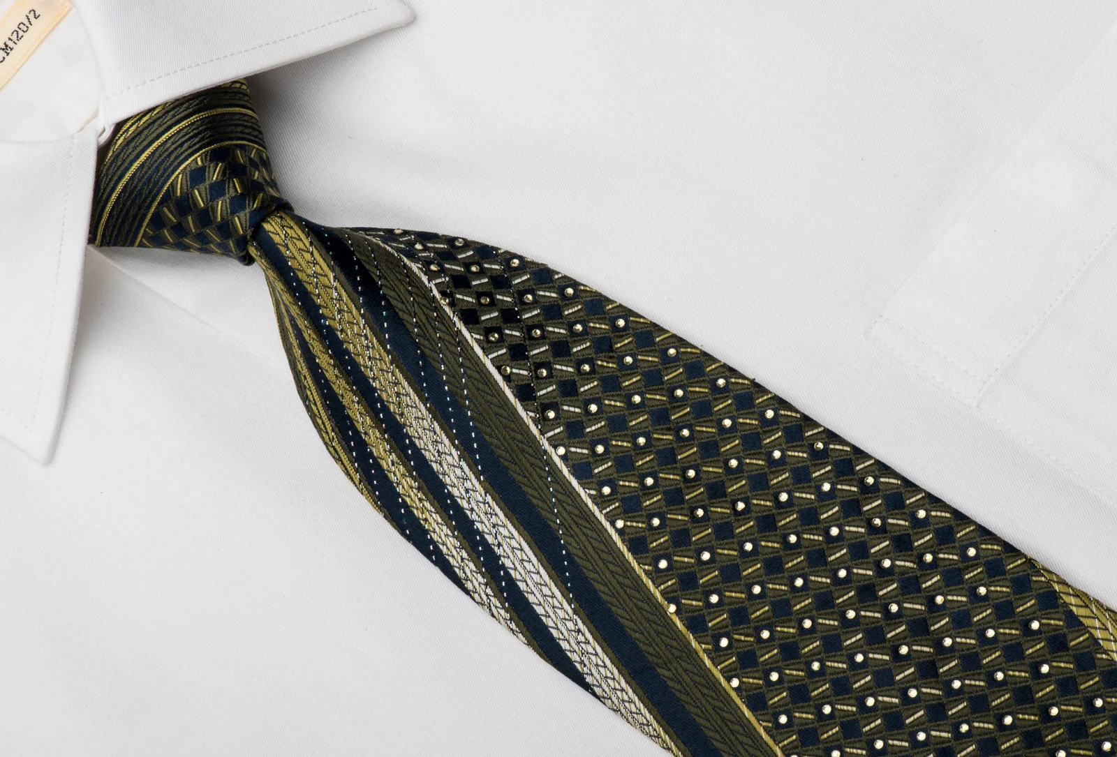 Basic Elle Rhinestone Silk Necktie Olive Green & Checker On Navy With Silver Sparkles - Image 3