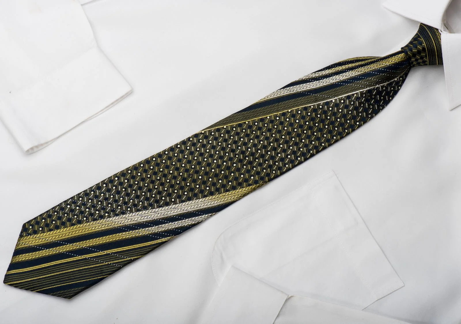 Basic Elle Rhinestone Silk Necktie Olive Green & Checker On Navy With Silver Sparkles - Image 4