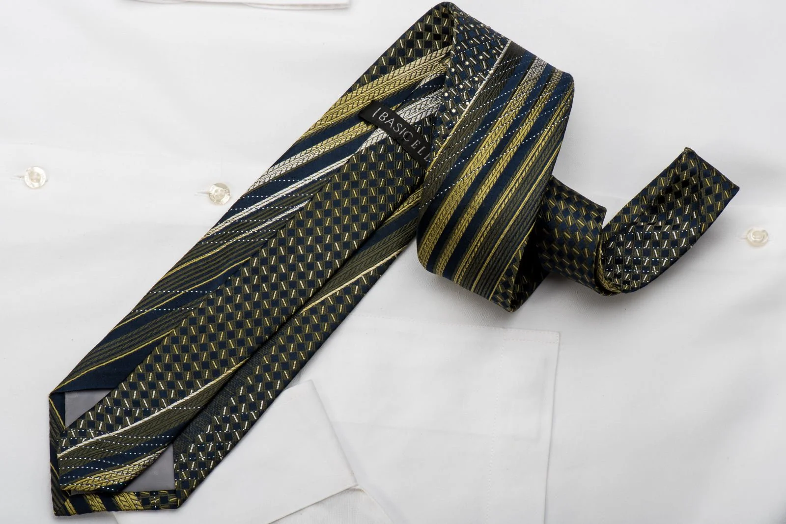 Basic Elle Rhinestone Silk Necktie Olive Green & Checker On Navy With Silver Sparkles - Image 5